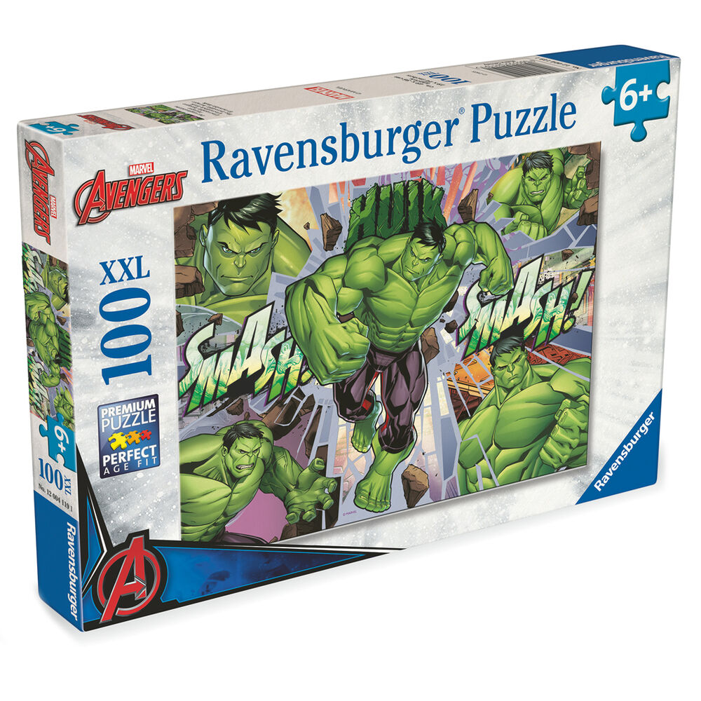 Boîte du puzzle RAVENSBURGER Marvel Hulk XXL 100 pièces avec illustration colorée et informations produit