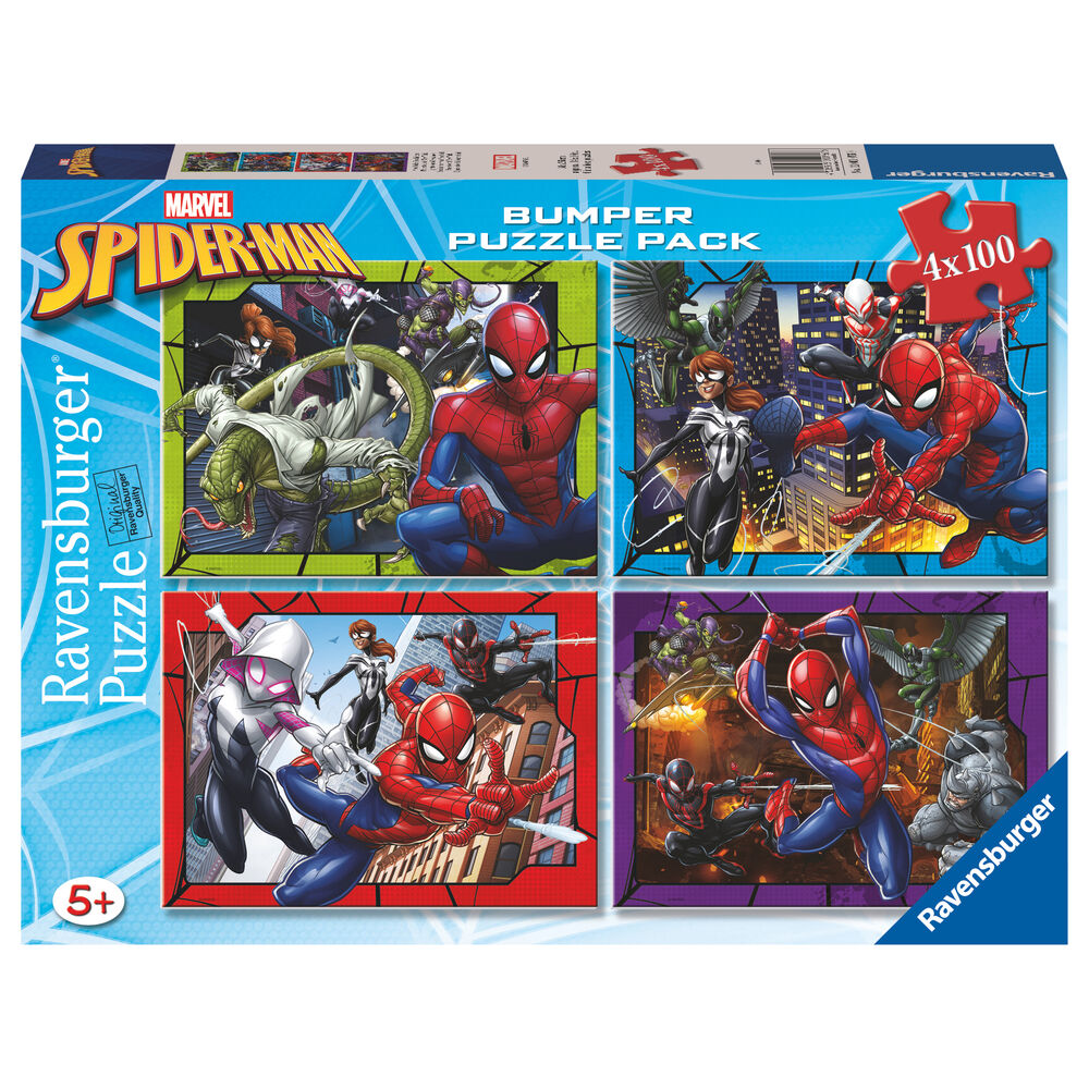 Puzzle Marvel Spiderman 4x100 pièces par RAVENSBURGER, dimensions 36x26cm, destiné aux enfants dès 5 ans.