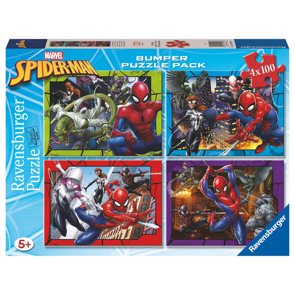 Puzzle Marvel Spiderman 4x100 pièces par RAVENSBURGER, dimensions 36x26cm, destiné aux enfants dès 5 ans.