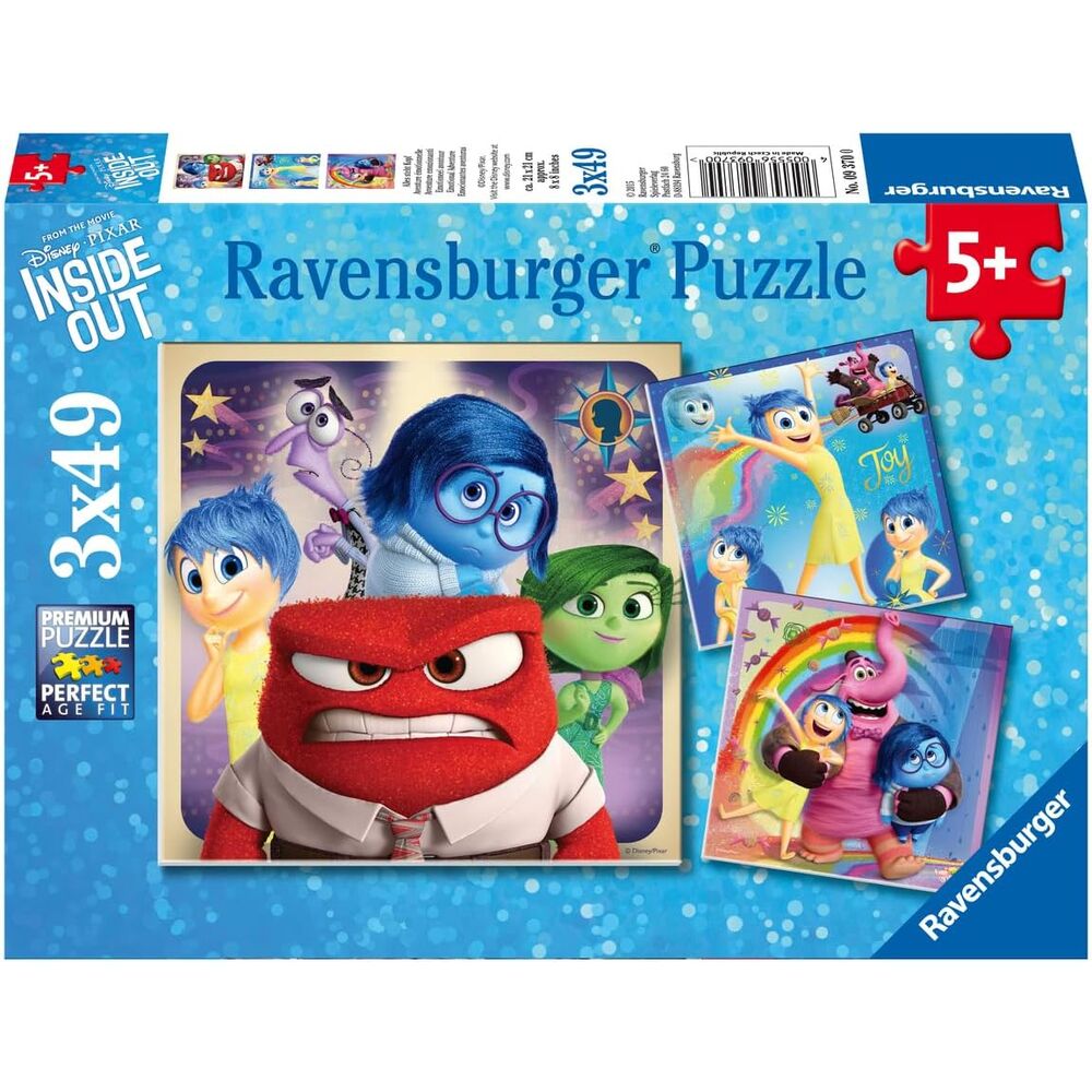 Boîte du puzzle Disney Pixar Inside Out de Ravensburger avec illustration des trois puzzles et indication âge 5 ans et plus