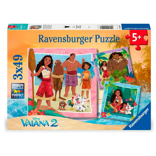 Boîte du puzzle Ravensburger Disney Vaiana 2 contenant 3 puzzles de 49 pièces, idéale pour développer la concentration des enfants.