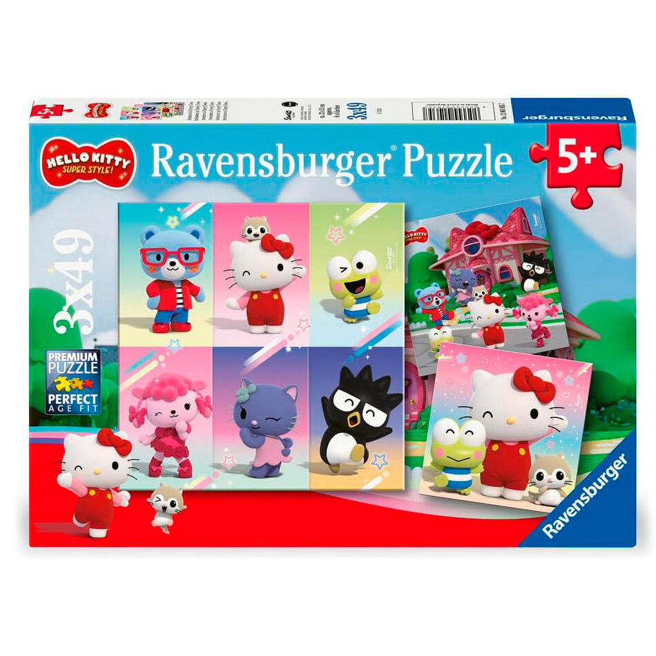 Puzzle Hello Kitty Ravensburger 3x49 pièces, image montrant l'ensemble des puzzles assemblés, idéal pour les enfants de 5 ans et plus.