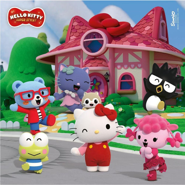 Détail d'un puzzle Hello Kitty Ravensburger de 49 pièces, mettant en avant les couleurs vives et les personnages attachants pour les jeunes enfants.