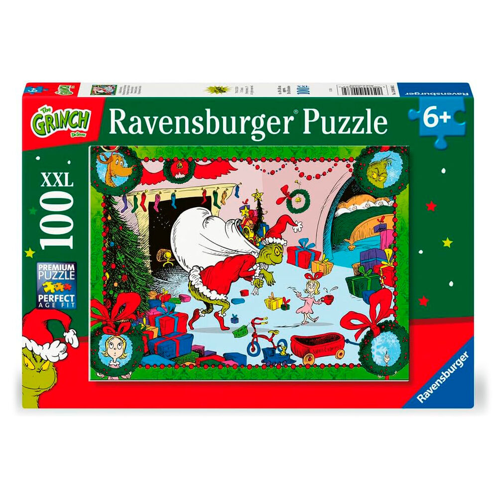 Puzzle Le Grinch XXL Ravensburger 100 pièces, montrant une scène colorée du film avec le Grinch et Max, idéal pour les enfants.