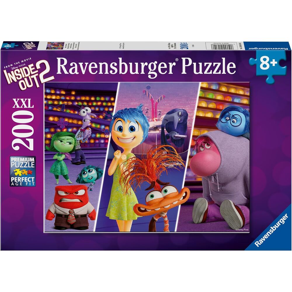 Puzzle XXL 200 pièces Disney Pixar Vice-Versa 2 avec personnages colorés, dimensions 58x25 cm, recommandé dès 8 ans.