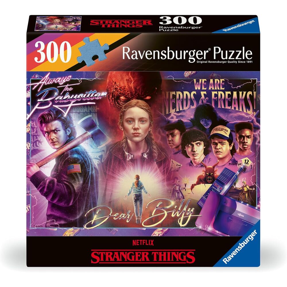 Boîte du puzzle Stranger Things 300 pièces montrant le logo officiel et l'image finale du puzzle