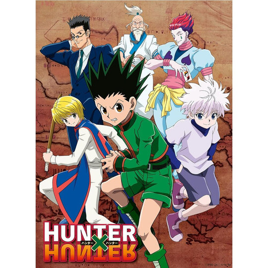 Puzzle Hunter x Hunter 500 pièces de RAVENSBURGER, image colorée représentant les personnages principaux de la série, dimensions 49x36 cm.