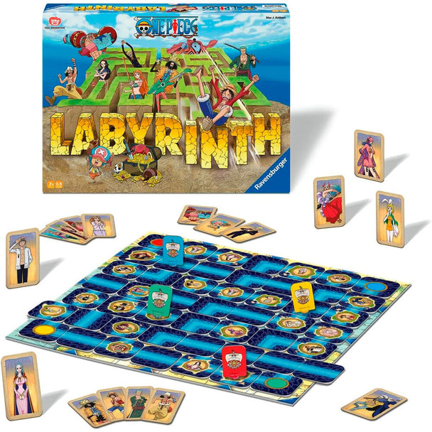 Plateau de jeu Labyrinthe One Piece montrant le labyrinthe modifiable et les pions des joueurs en action