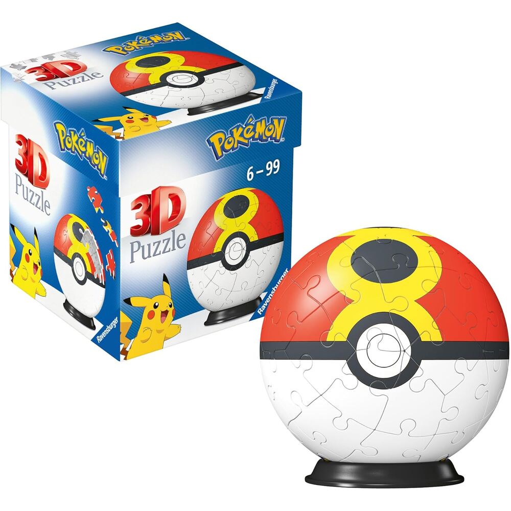 Puzzle 3D Poke Ball Pokémon assemblé, 54 pièces, vue de face avec détails colorés et finition soignée