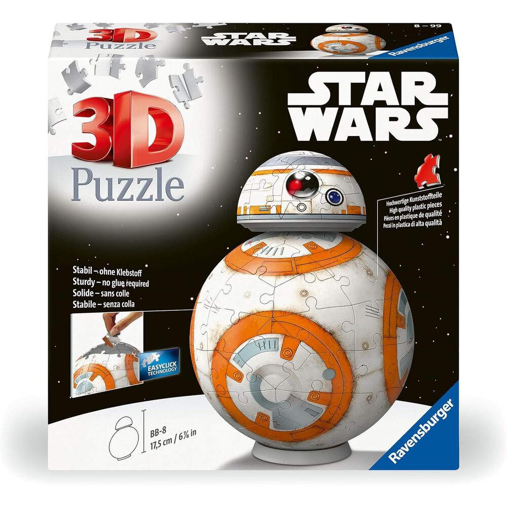 Modèle finalisé du puzzle 3D BB-8 Star Wars signé RAVENSBURGER, présenté sur fond blanc