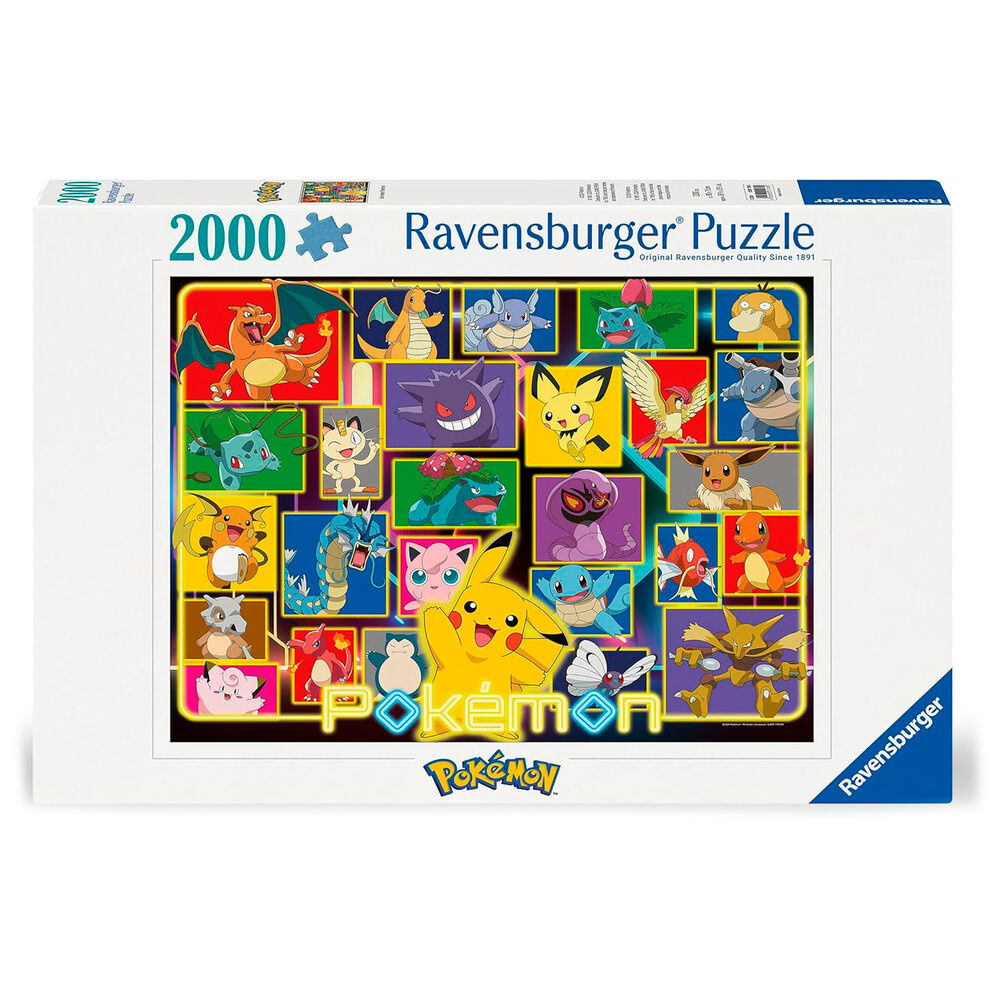 Puzzle Pokémon 2000 pièces RAVENSBURGER avec illustration colorée de plusieurs personnages Pokémon, dimensions 98x75 cm