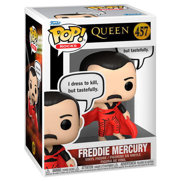 Boîte cadeau officielle FUNKO contenant la figurine POP de Freddie Mercury, vue de face et de côté
