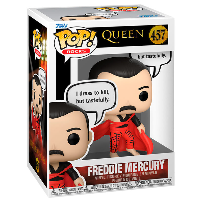 Boîte cadeau officielle FUNKO contenant la figurine POP de Freddie Mercury, vue de face et de côté