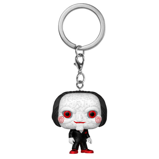 Vue rapprochée du porte-clés Billy the Puppet FUNKO montrant la qualité et le design miniature