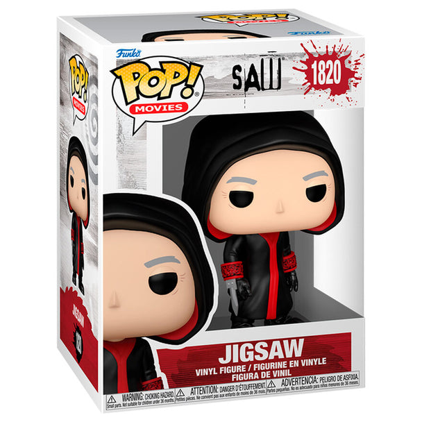 Vue de face de la figurine Funko POP Jigsaw avec son masque iconique et détails précis