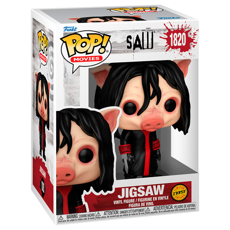Boîte cadeau de la figurine Funko POP Saw Jigsaw avec illustrations et logo Funko visibles