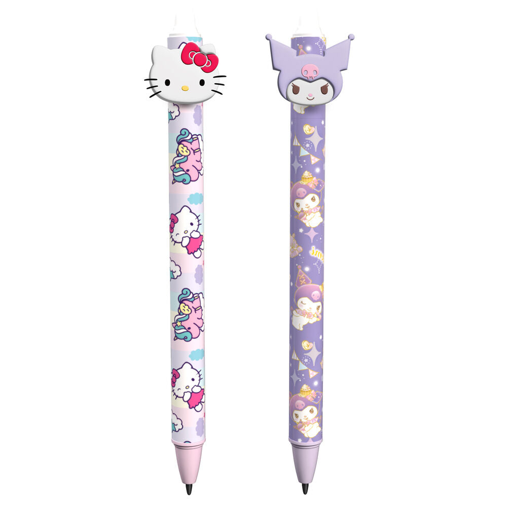 Stylo effaçable Hello Kitty Kuromi assorti avec design coloré sur fond blanc