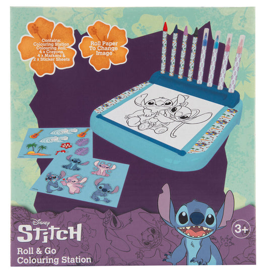 Vue générale de la station de coloriage Disney Stitch Roll & Go avec ses accessoires colorés