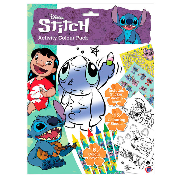 Pack d'activités Disney Stitch comprenant feuilles à colorier, crayons, labyrinthe et stickers pour enfants créatifs.