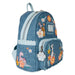Détail du tissu denim et logo Loungefly brodé sur le sac à dos Disney de 26 cm