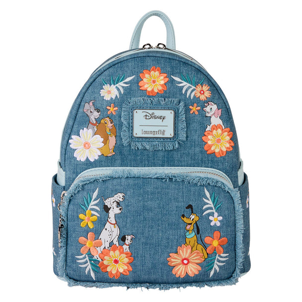 Sac à dos Loungefly Disney en denim vue de face avec motifs colorés et fermeture zippée