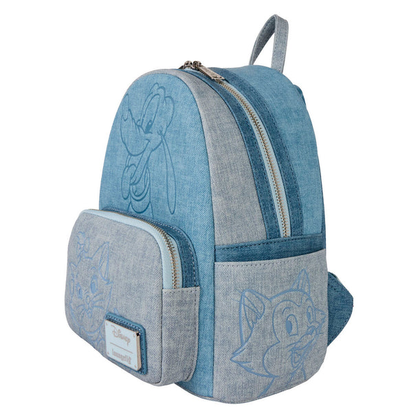 Vue latérale du sac à dos Loungefly montrant la texture denim et les bretelles ajustables