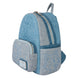 Vue latérale du sac à dos Loungefly montrant la texture denim et les bretelles ajustables