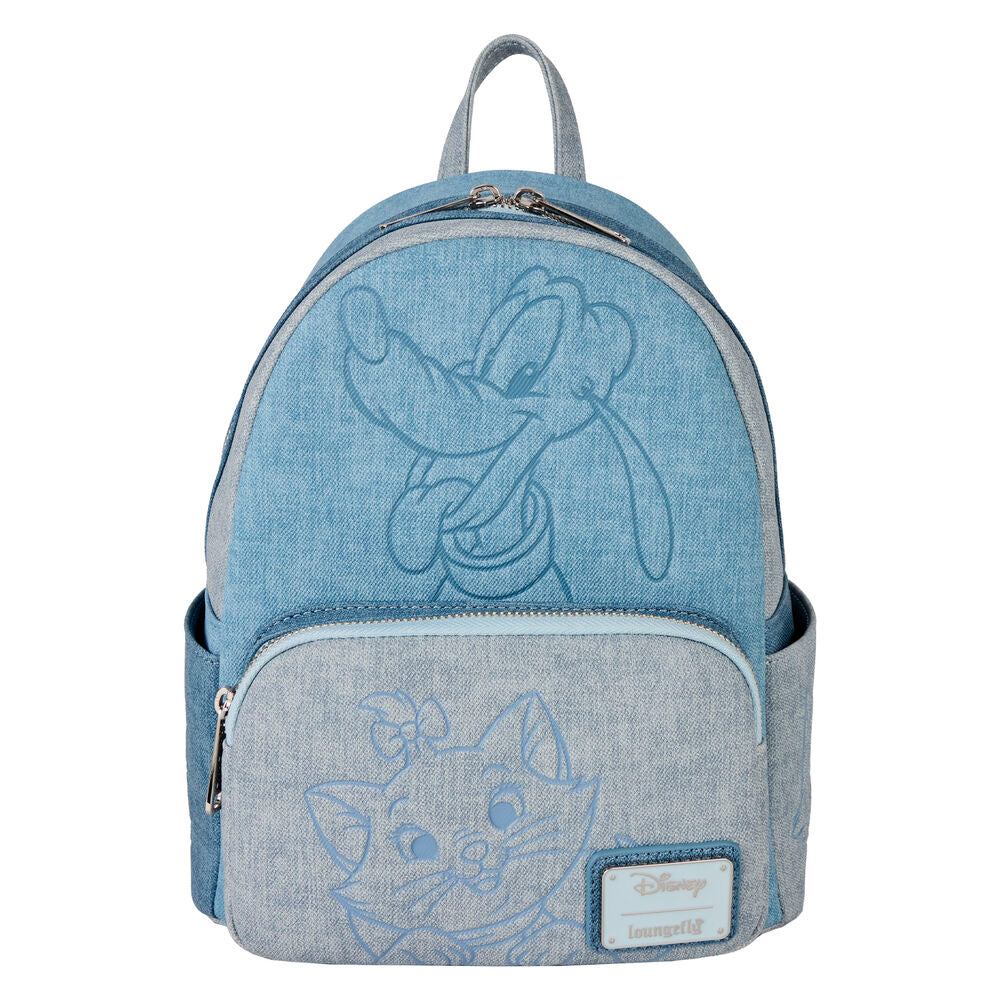 Sac à dos denim Disney Loungefly vu de face avec détails colorés et logo distinctif