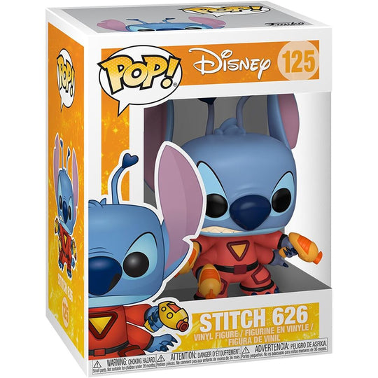 Packaging officiel de la figurine Funko POP Stitch 626 Disney avec illustrations et informations produit.