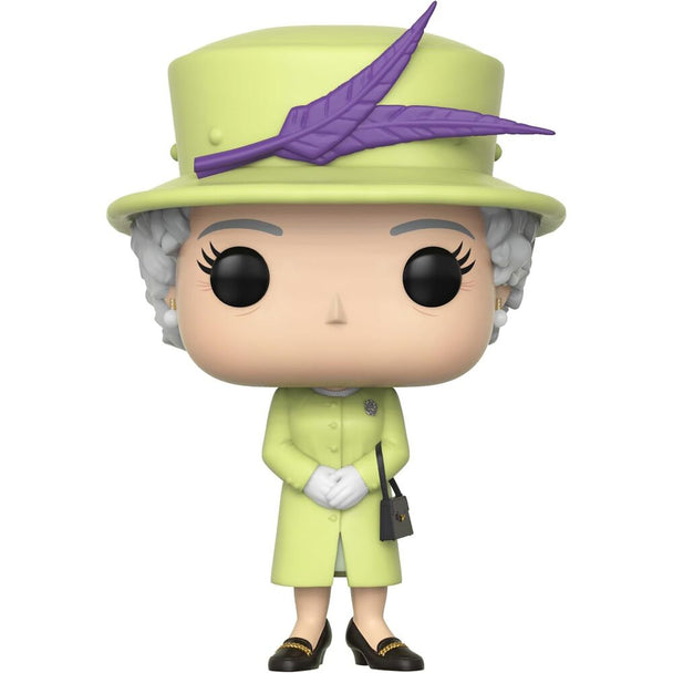 Détail de la figurine Funko POP de la Reine Elizabeth II montrant les couleurs et accessoires royaux sur fond neutre.
