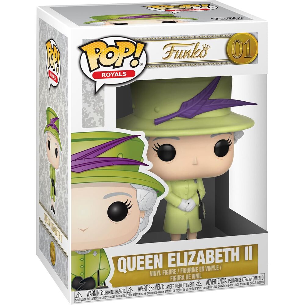 Boîte collector Funko POP contenant la figurine Queen Elizabeth II du Royal Wedding, avec logo et design officiel.