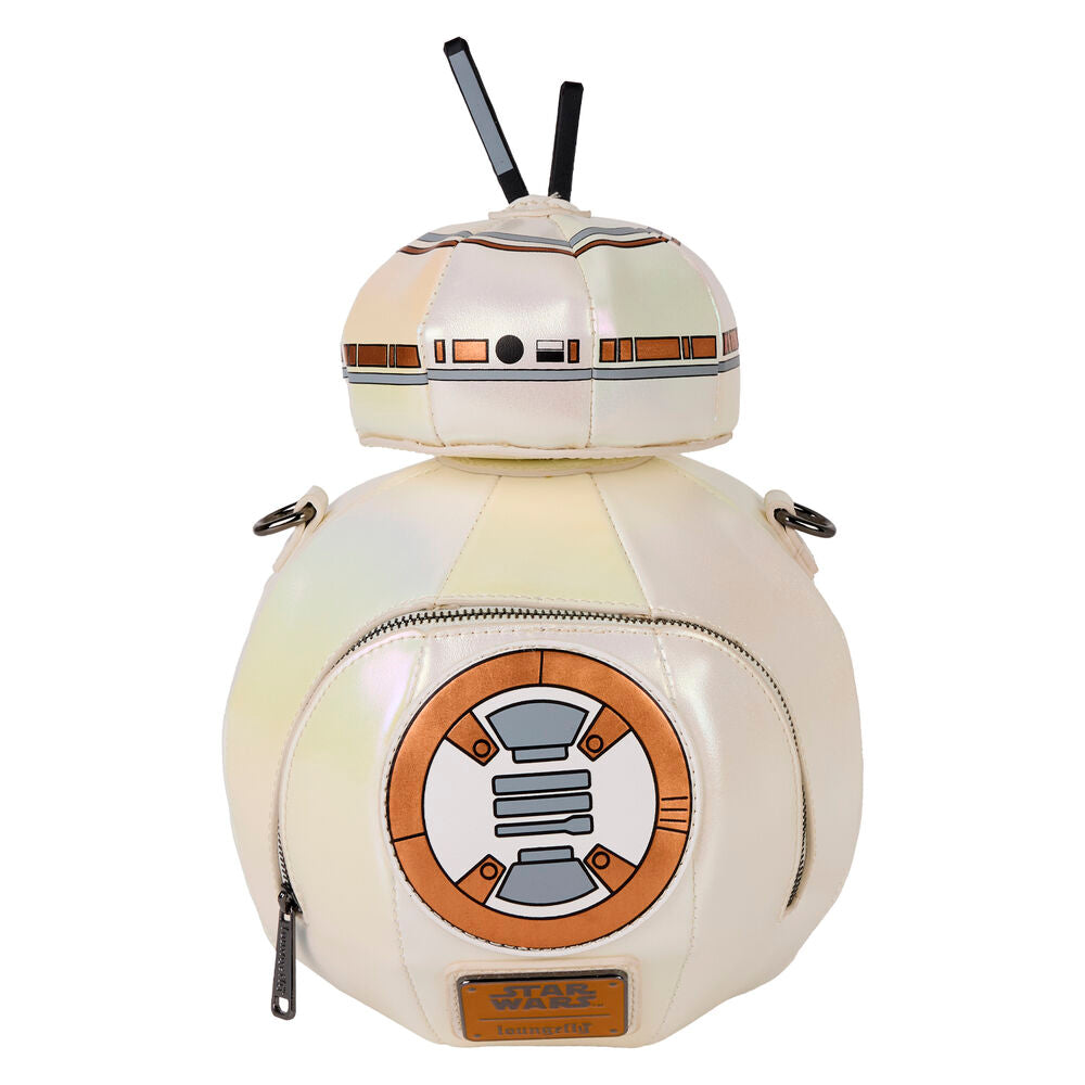 Détail du sac Loungefly Star Wars avec appliqués, impressions, motifs en relief et plastique bombé sur cuir irisé