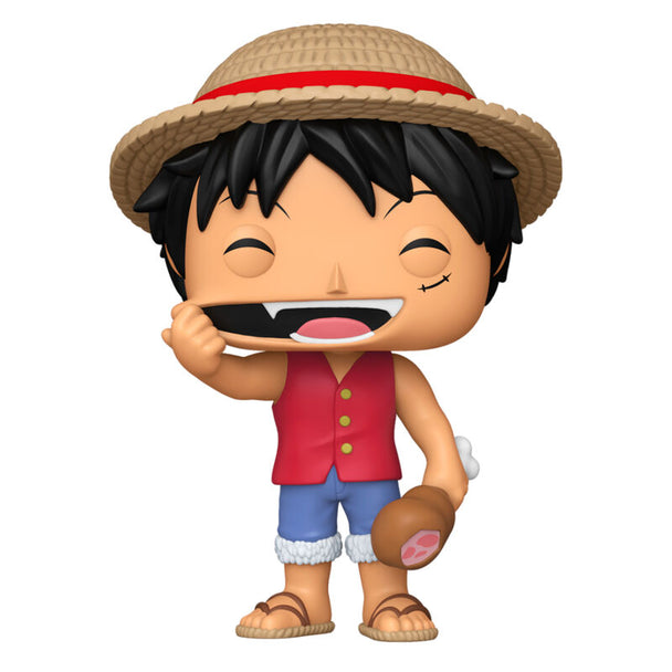 Vue rapprochée de la figurine Funko POP Monkey D. Luffy avec détails précis et couleurs vives sur fond blanc.