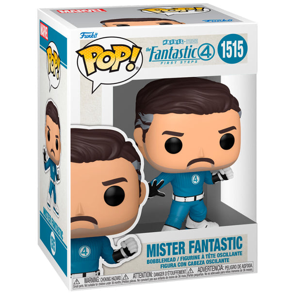 Vue rapprochée de la figurine Funko POP Mister Fantastic Marvel Fantastic 4 montrant les détails du visage et du costume