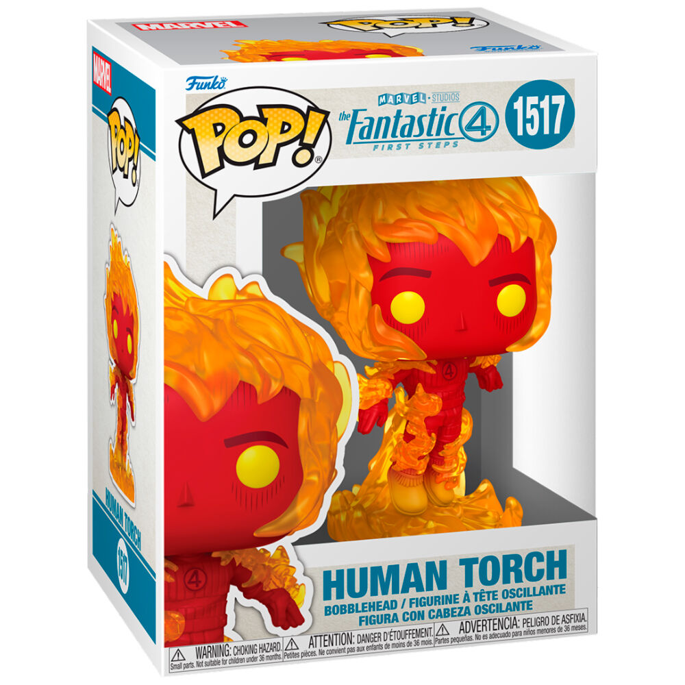 Packaging original de la figurine Funko POP Human Torch Marvel The Fantastic 4, boîte cadeau avec visuel du personnage