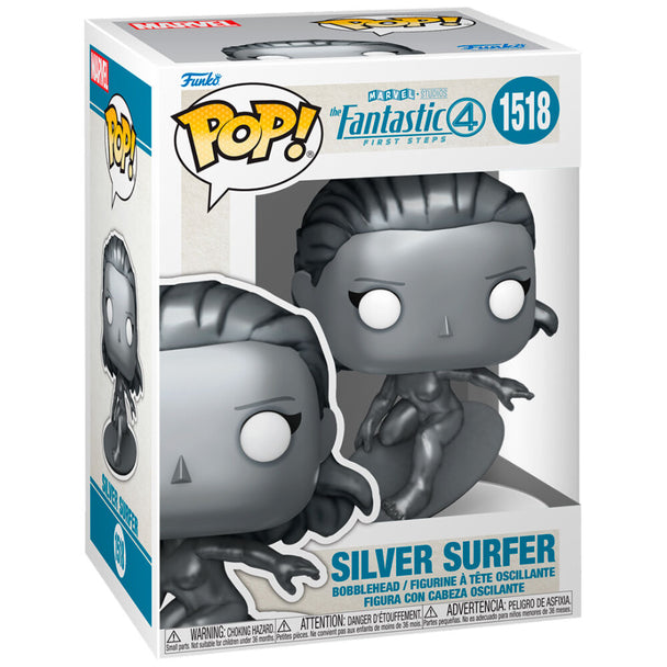 Vue rapprochée de la figurine Funko POP Silver Surfer Marvel Fantastic 4 avec détails et couleurs vives