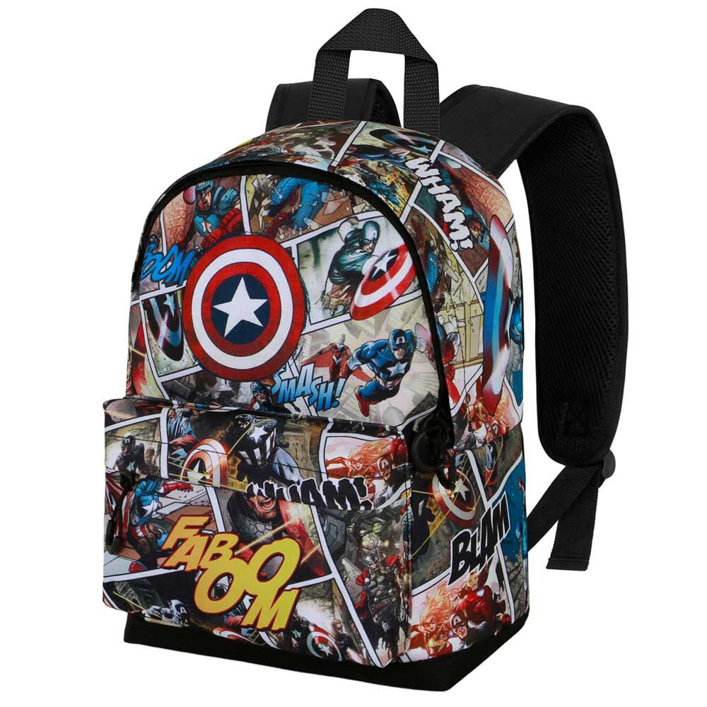 Vue arrière du sac à dos Captain America montrant le dos matelassé et la doublure imprimée intérieure
