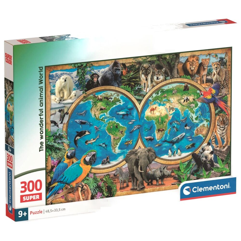 Puzzle CLEMENTONI 300 pièces Le Merveilleux Monde des Animaux, illustration colorée représentant diverses espèces animales dans leur habitat naturel.