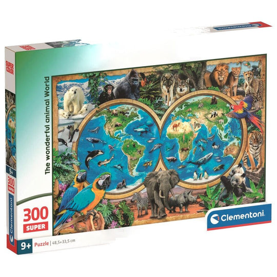 Puzzle CLEMENTONI 300 pièces Le Merveilleux Monde des Animaux, illustration colorée représentant diverses espèces animales dans leur habitat naturel.