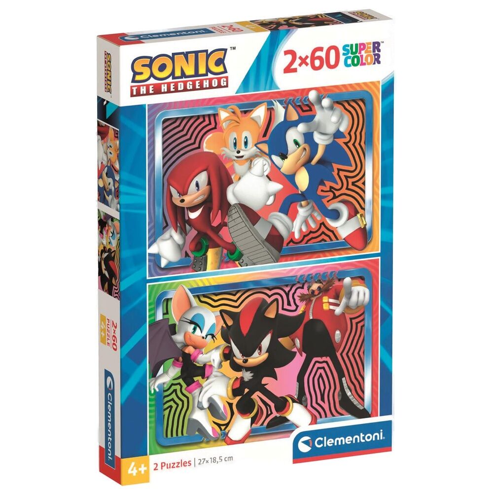 Image du puzzle Sonic the Hedgehog CLEMENTONI composé de deux puzzles de 60 pièces chacun, dimensions 26,8x18,3 cm, avec illustration colorée.