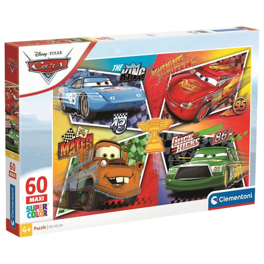 Puzzle Disney Pixar Cars de 60 pièces par CLEMENTONI, image colorée avec Lightning McQueen et ses amis, dimensions 62x42 cm.