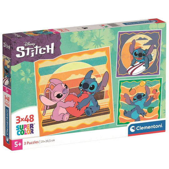 Puzzle Disney Stitch de CLEMENTONI avec 3 puzzles de 48 pièces chacun, dimensions 21x20,5 cm.