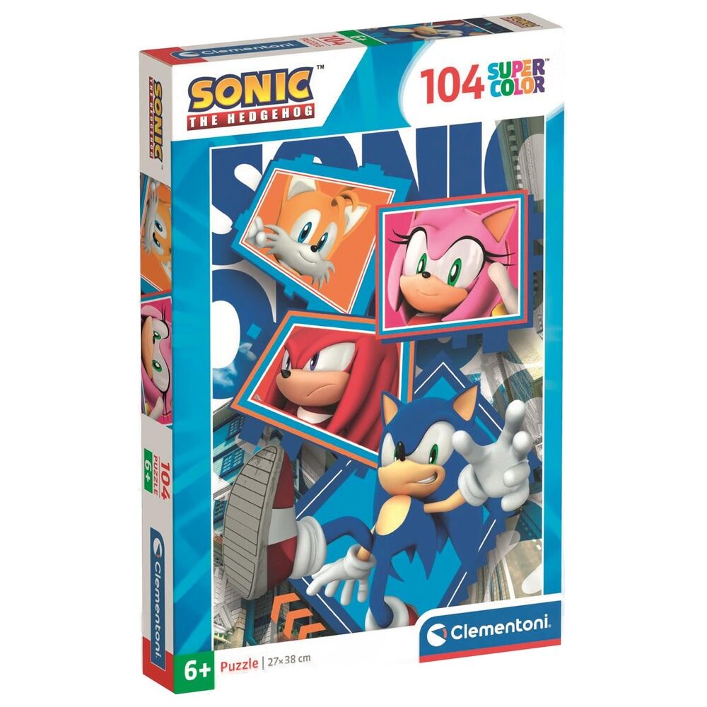 Image du puzzle Sonic the Hedgehog CLEMENTONI avec 104 pièces assemblées montrant Sonic en action sur un fond coloré