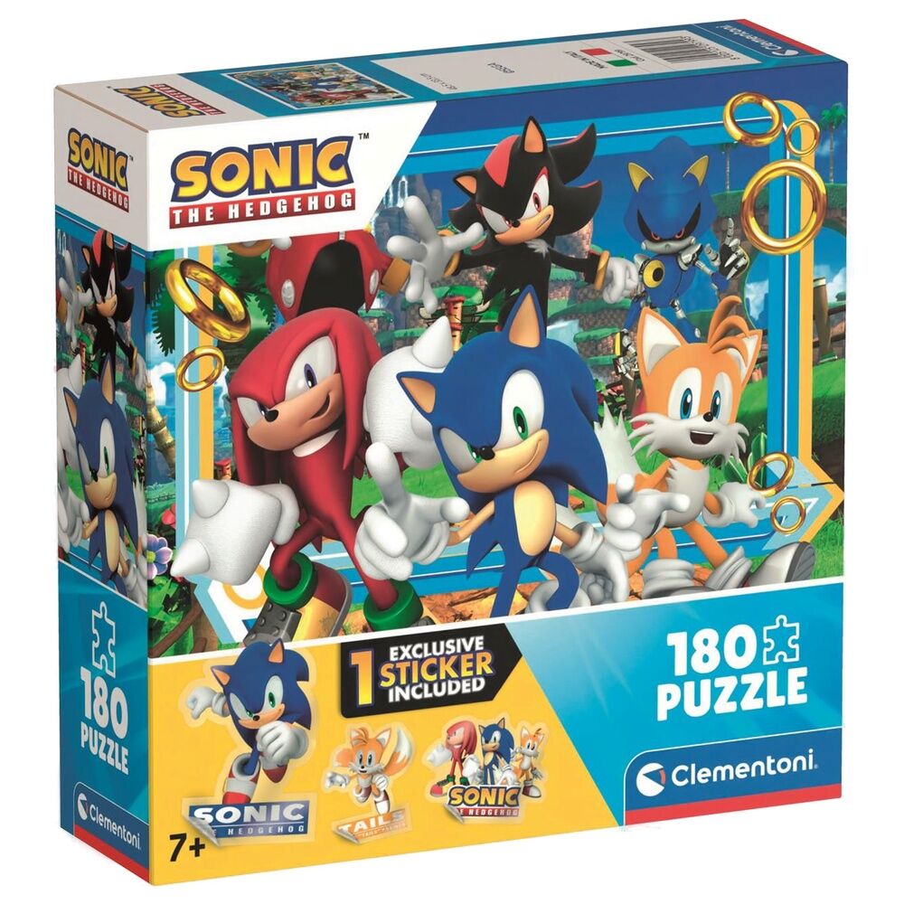 Puzzle Sonic the Hedgehog de 180 pièces de la marque CLEMENTONI, illustration colorée et dimensions 48,5x33,5 cm.