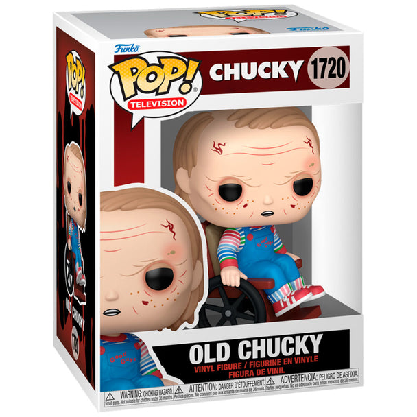 Vue rapprochée de la figurine Funko POP Old Chucky montrant les traits effrayants et la finition soignée