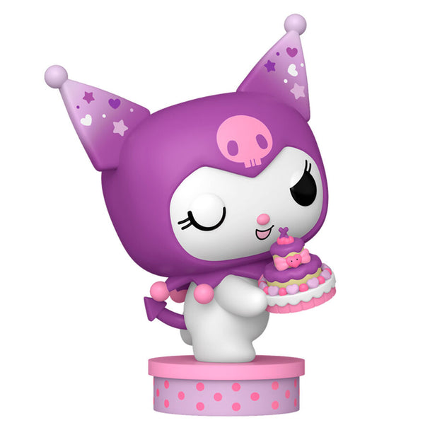 Figurine Funko POP Kuromi exclusive de 9 cm tenant un gâteau, présentée dans sa boîte cadeau colorée.