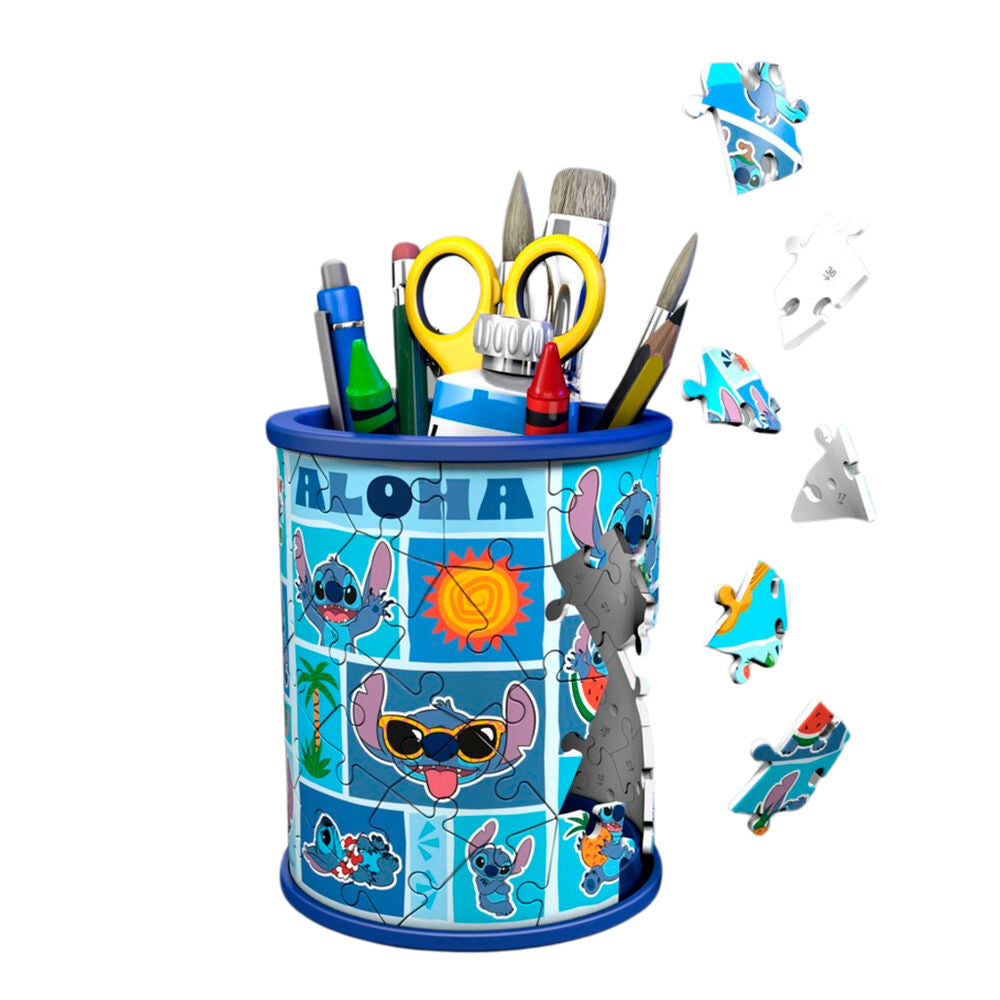 Porte-crayons 3D puzzle Stitch Disney assemblé, montrant le personnage en détail et ses couleurs vives