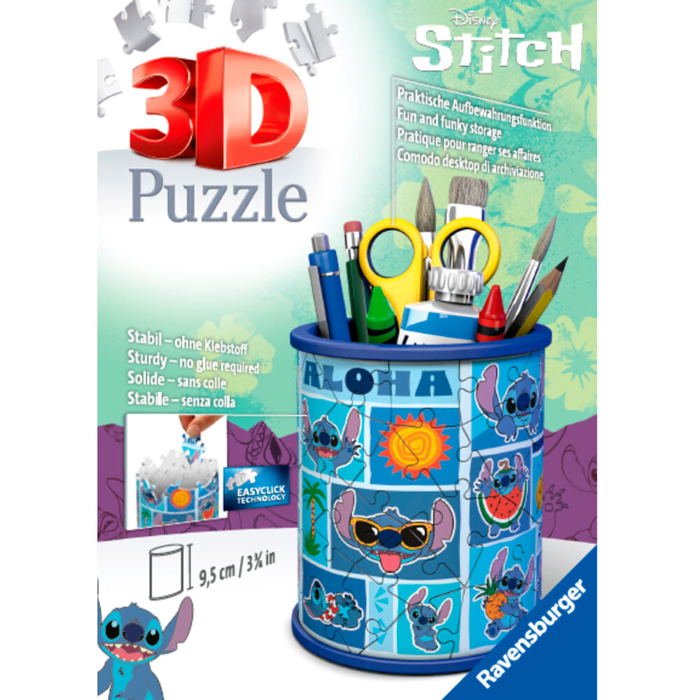 Boîte du puzzle 3D RAVENSBURGER Stitch Disney avec 54 pièces, affichant l'image du produit et les dimensions