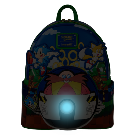 Détail du motif Sonic the Hedgehog sur le sac à dos Loungefly avec couleurs vives