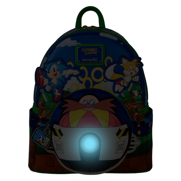 Détail du motif Sonic the Hedgehog sur le sac à dos Loungefly avec couleurs vives